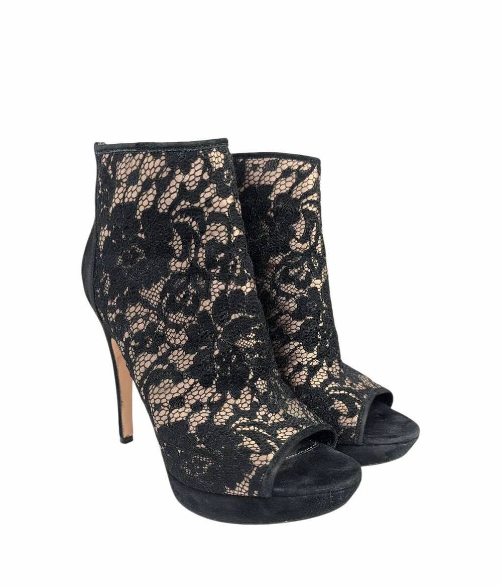 Via Spiga Black lace & suede illusion open toe booties heels womens 6.5